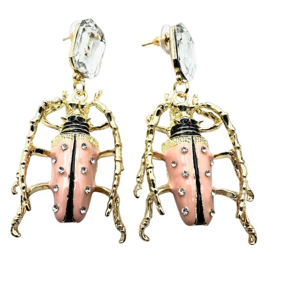 Womens Earrings Pierced Pink Enamel Bee Bug Gold Tone Chandelier Clear Crystal - Picture 1 of 4